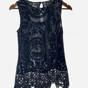 Black Sheer Lace Sleeveless Blouse with Keyhole Back (Size Small)